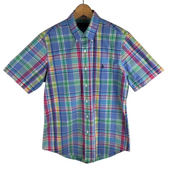 Ralph Lauren Short Sleeve Shirt Mens Medium Blue Plaid Button Down Polo Pony - Picture 4 of 9